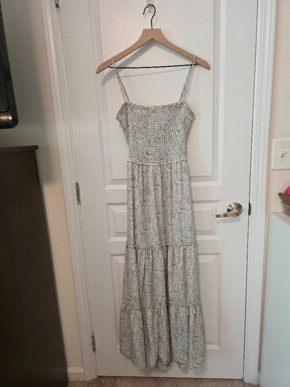 Altar'd State green floral tiered maxi dress open back, size S